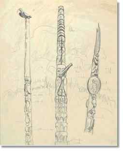 'Three totem poles at Kitsegukla' / A.Y. Jackson / National Gallery of Canada / 17484r